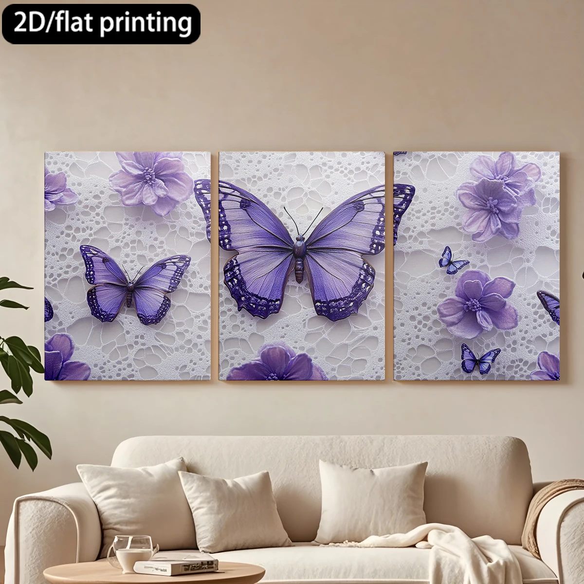

2D плоская печать, 3-х частная декоративная картина на холсте в деревянной раме. Бабочки, цветы, кружевной фон. Декор для коридора и спальни.