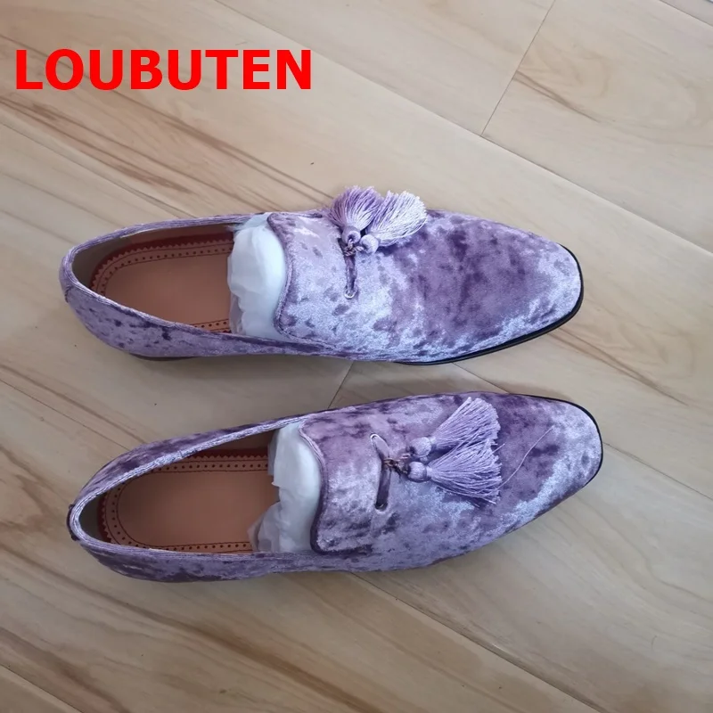 LOUBUTEN Purple Velvet Mens Shoes Tassel Loafers High Quality Fashion Casual Shoes Flats Slippers Male Party Shoes