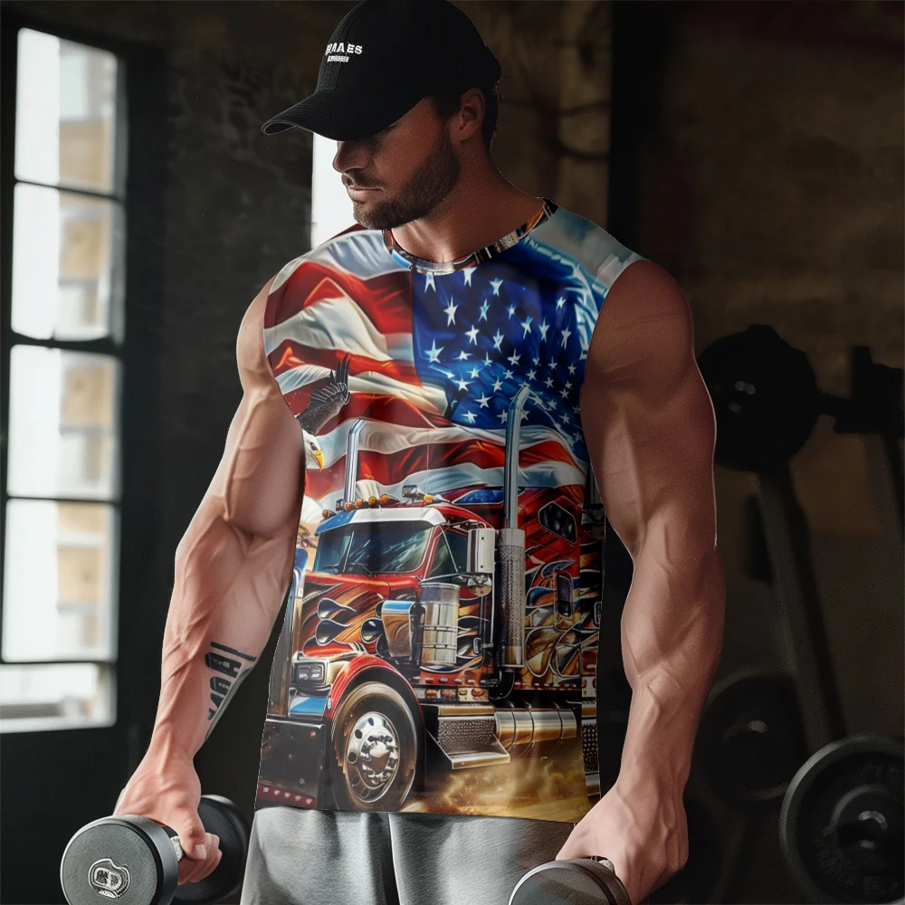 American Flag Condor Heavy Truck Print Gym Casual Tank Top Sleeveless Thin Train Vest Youth Men's Sports Fitness Vest