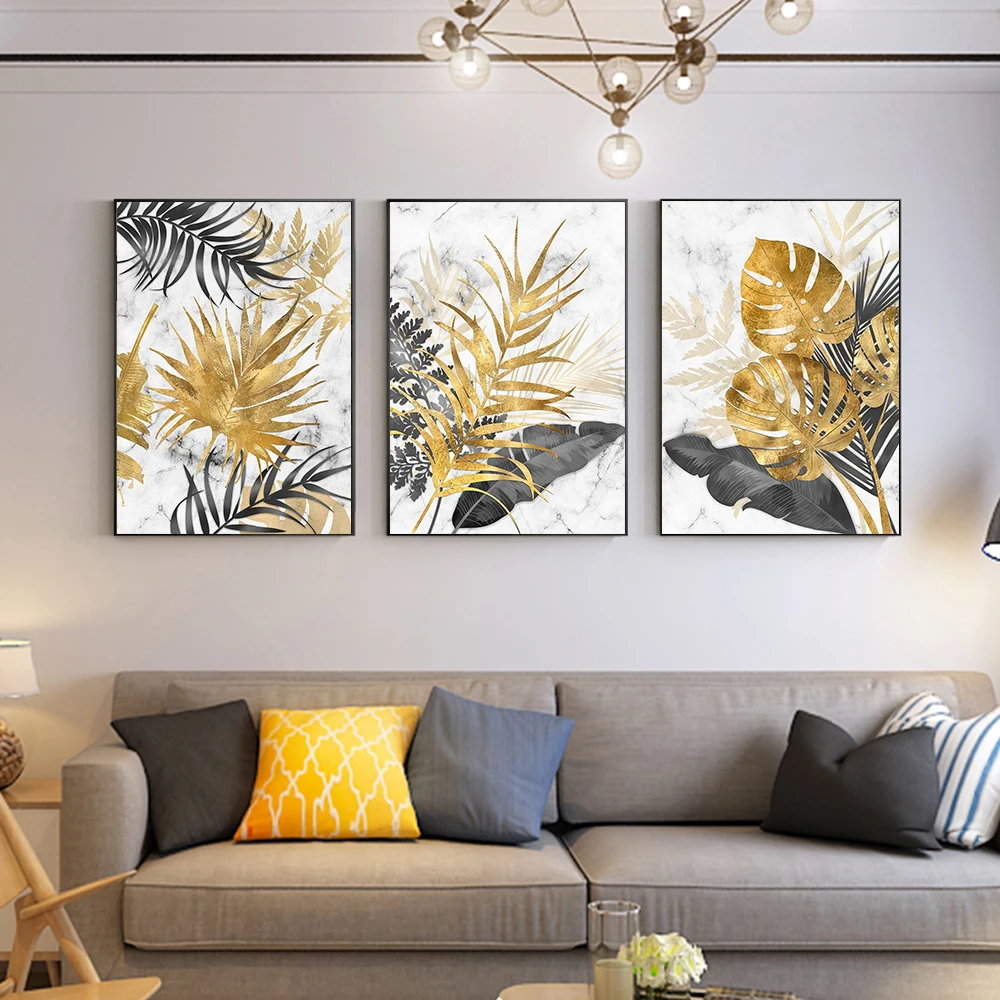 Abstract Canvas Paintings Golden Tropical Palm Leaf Modern Interior Home Wall Decor Art Posters Prints Pictures No Frame