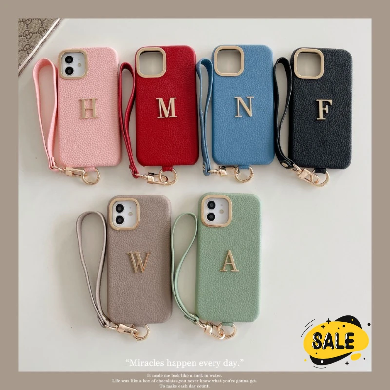 

Custom Small Gold Letters Name Luxury Phone Case for Iphone 16 15 14 Pro Max 15 16 Plus Simple Design Hand Rope Protector Cover