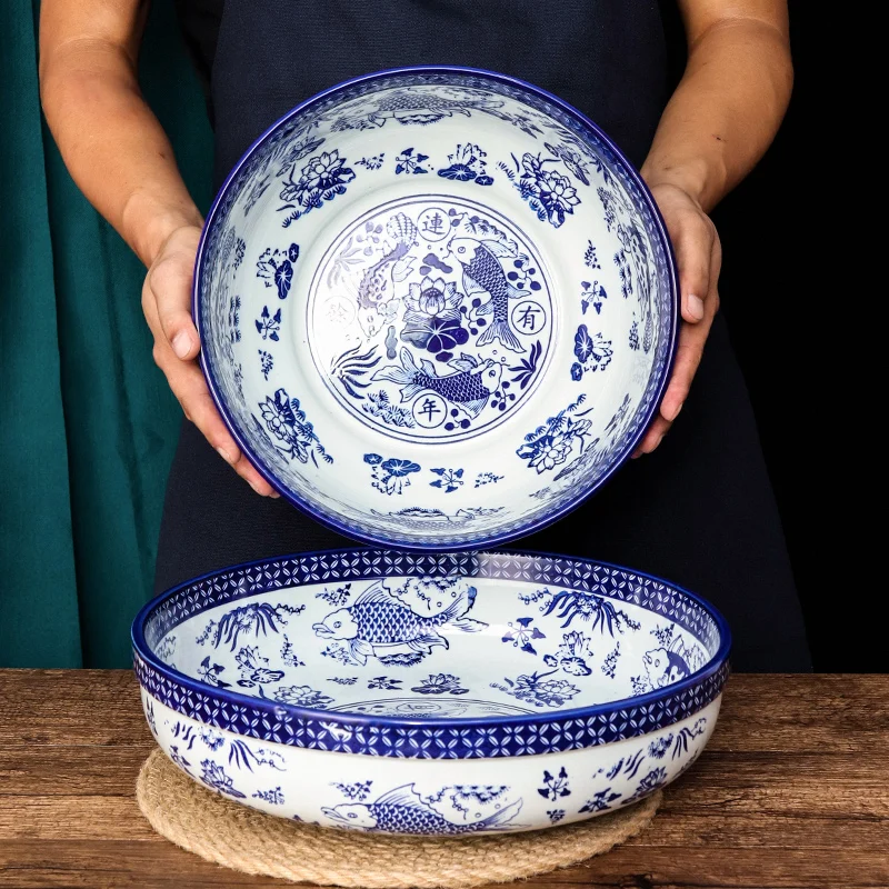 Blue And White Porcelain Bowl Ceramic Tableware Commercial Big Soup Bowl Chinese Antique Pickled Bowl Household