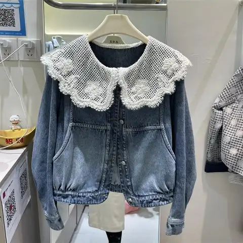 Women Spring Autumn New Korean Style Denim Jacket Doll Collar Lace Patchwork Fashionable Short Jacket Top