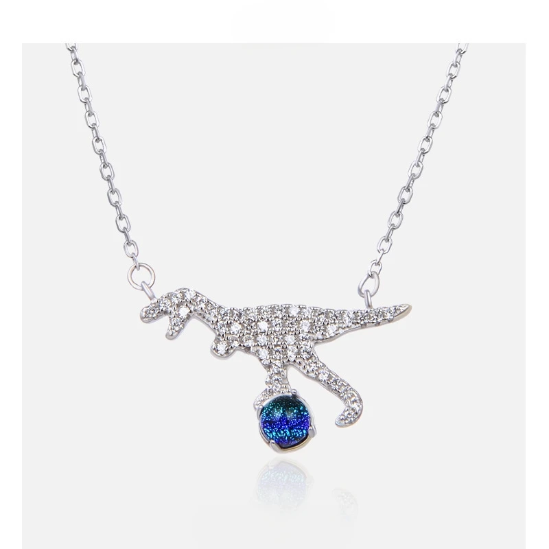 

S925 sterling silver inlaid stone dinosaur pendant female European and American ins style fashion collar bone chain light luxury