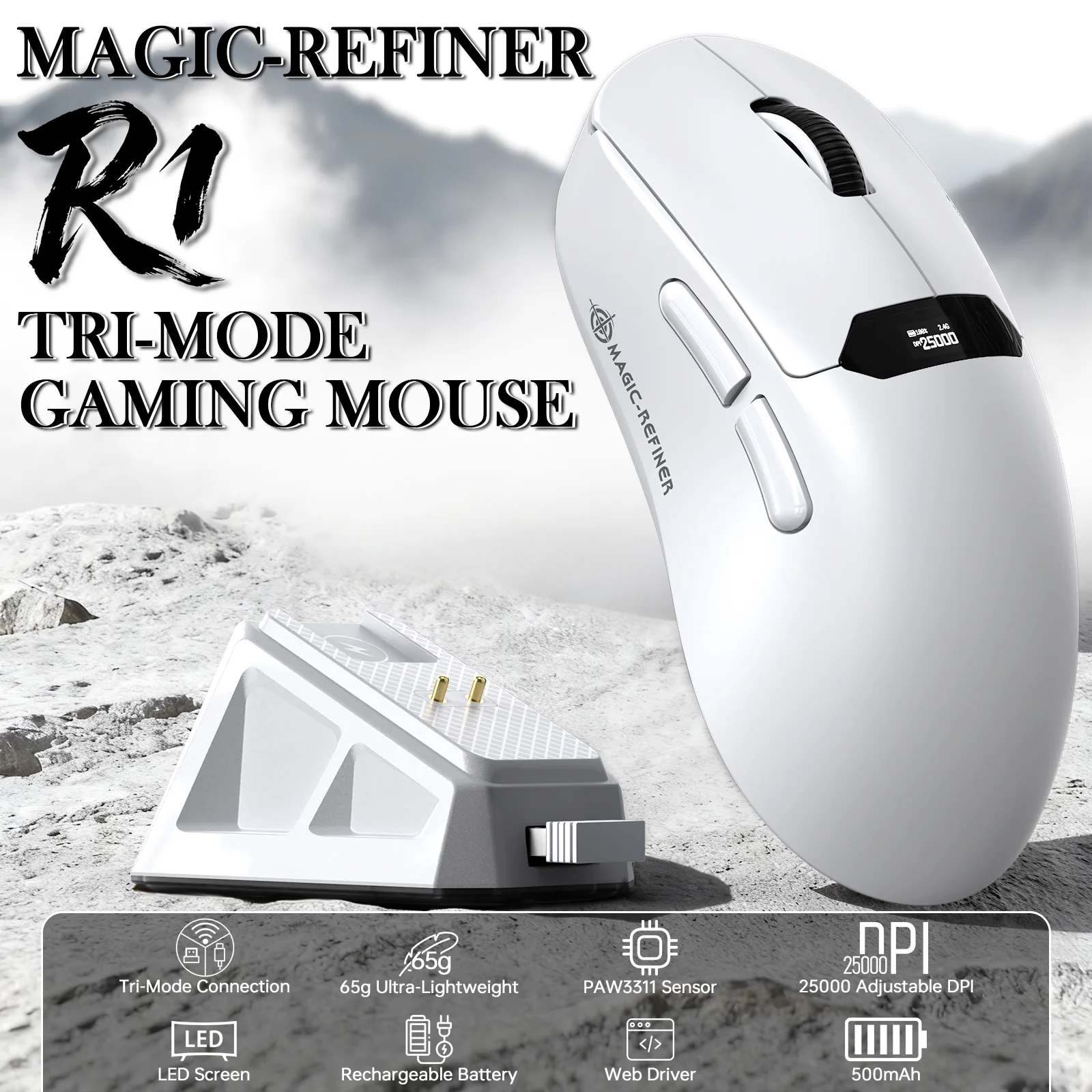 59g RGB R1 Gaming Mouse, 25000DPI PAW3311 Sensor, Tri-mode Wireless, Magnetic Charging & Smart Display