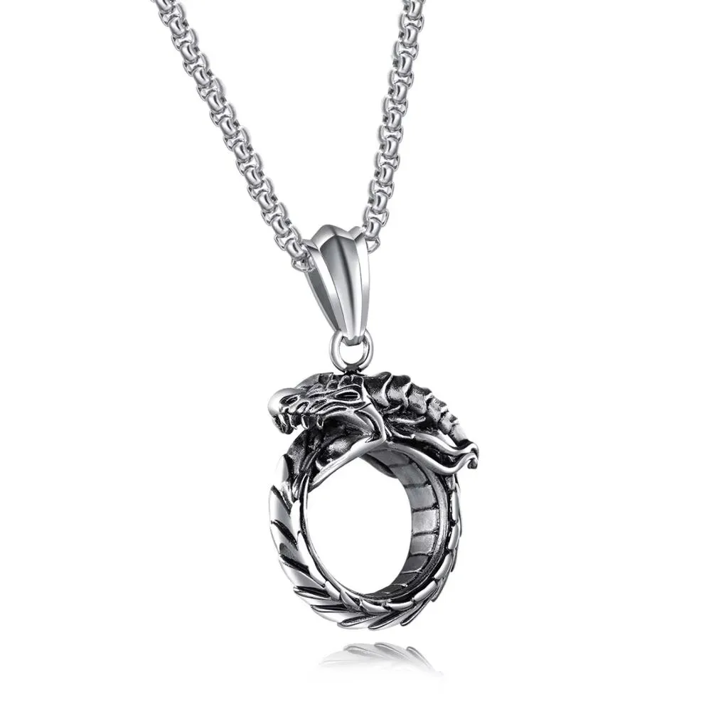 Men's Dragon Pendant Necklace With Box Chain Vintage Metal Dragon Wing Cross Sword Punk Rock Gothic Necklaces Unique Design