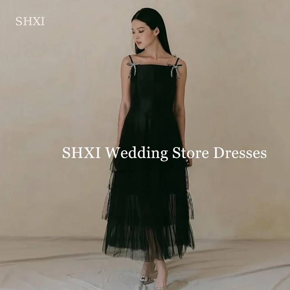 

SHXI Black Satin Tulle Korea Wedding Dresses Spaghetti Straps Tiered Photos Shoot Dress A Line Bride Reception Dress Customized