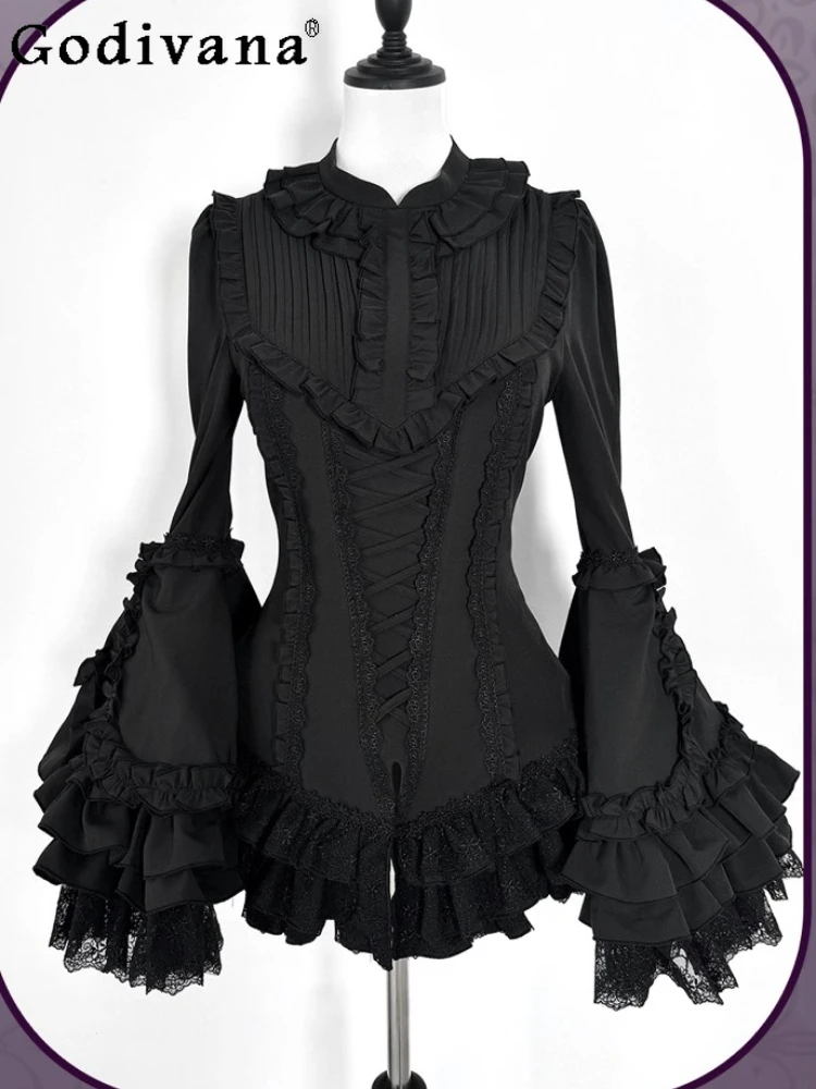 

Goth Lolita Dark Lace-up Flare Sleeves Ruffles Shirt Personality Girl Elegant Stand-up Collar Cos Halloween Slim Versatile Top
