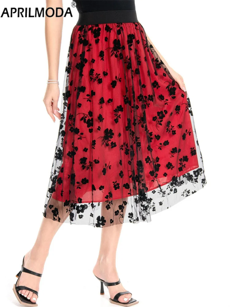 Robe mi-longue taille haute élastique pour femme, patchwork floral, doux, élégant, tout match, ligne A, grande balançoire, jupe de soirée, quoi que ce soit, 2025