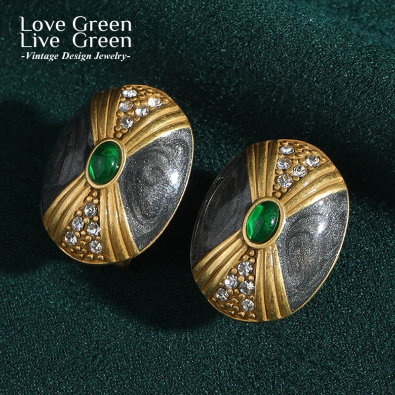 

Vintage Enamel Grey Glaze Oval Stud Earring Gold Color Rhinestone Trendy Jewelry Trends 2025 New Unique Engagement Party Gift