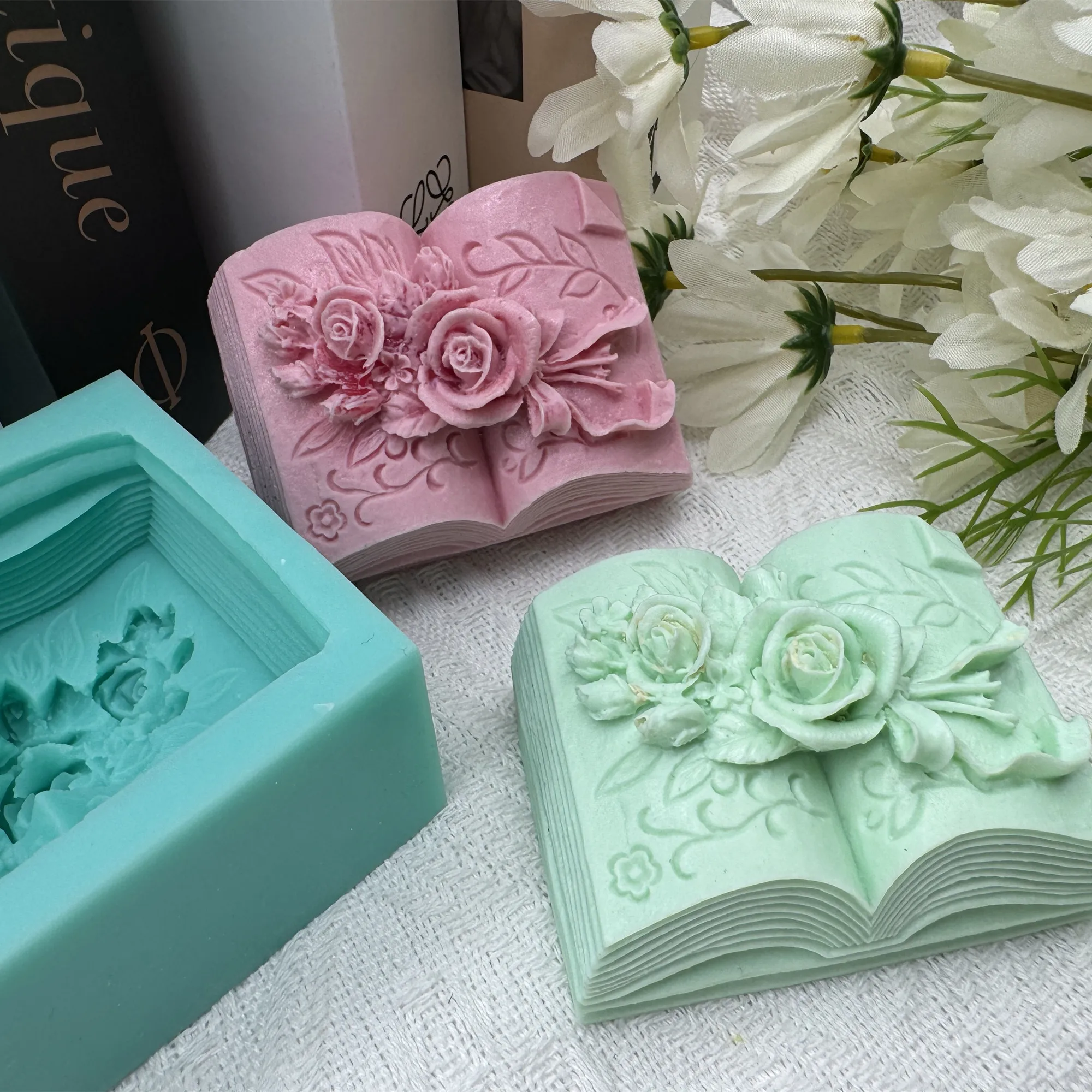 3D Book Flower Carved Silicone Soap Mold,Candle Wax Molds,Chocolate Cake Baking Mould,Plaster Epoxy Diffuser Silicone Mold