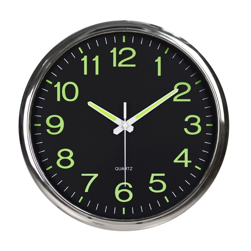 ●12 Inch Round Large Luminous Wall Clock Glow in the Dark Non-Ticking Indoor Decor -Silver