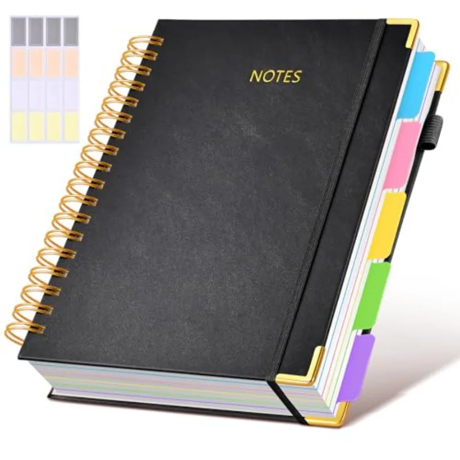 

Hardcover Spiral Notebook journal with Removable Dividers Tabs, 300 Pages Leather 5 Subject Notebook College Ruled, Large B5 No