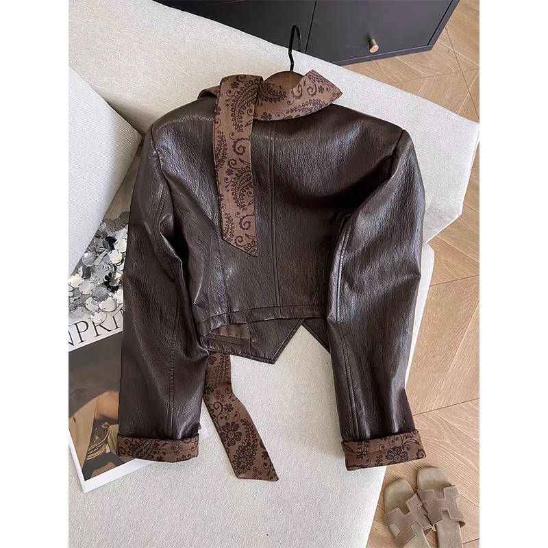 Vintage Tie Pu Leather Jacket Women Streetwear Cropped Patchwork Coats Autumn Winter Harajuku V Neck Long Sleeve Outerwears New