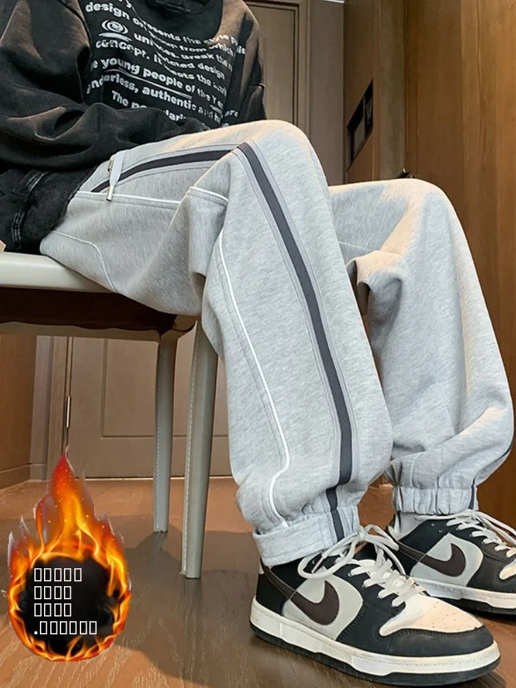 

Loose Fit Cotton Fce Lined Winter Casual Trousers for Men Youth Sle Comfortable Elastic Waist Sweatpants
