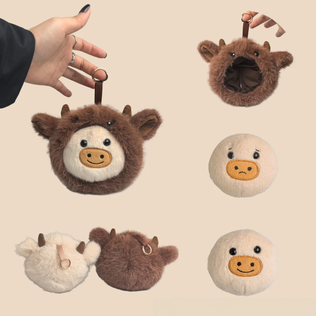 10CM Cute Simulation Fluffy Highland Cow Plush Toy Soft Cartoon Cow Stuffed Animal Reversible Expression Kid Girl Accompany Gift