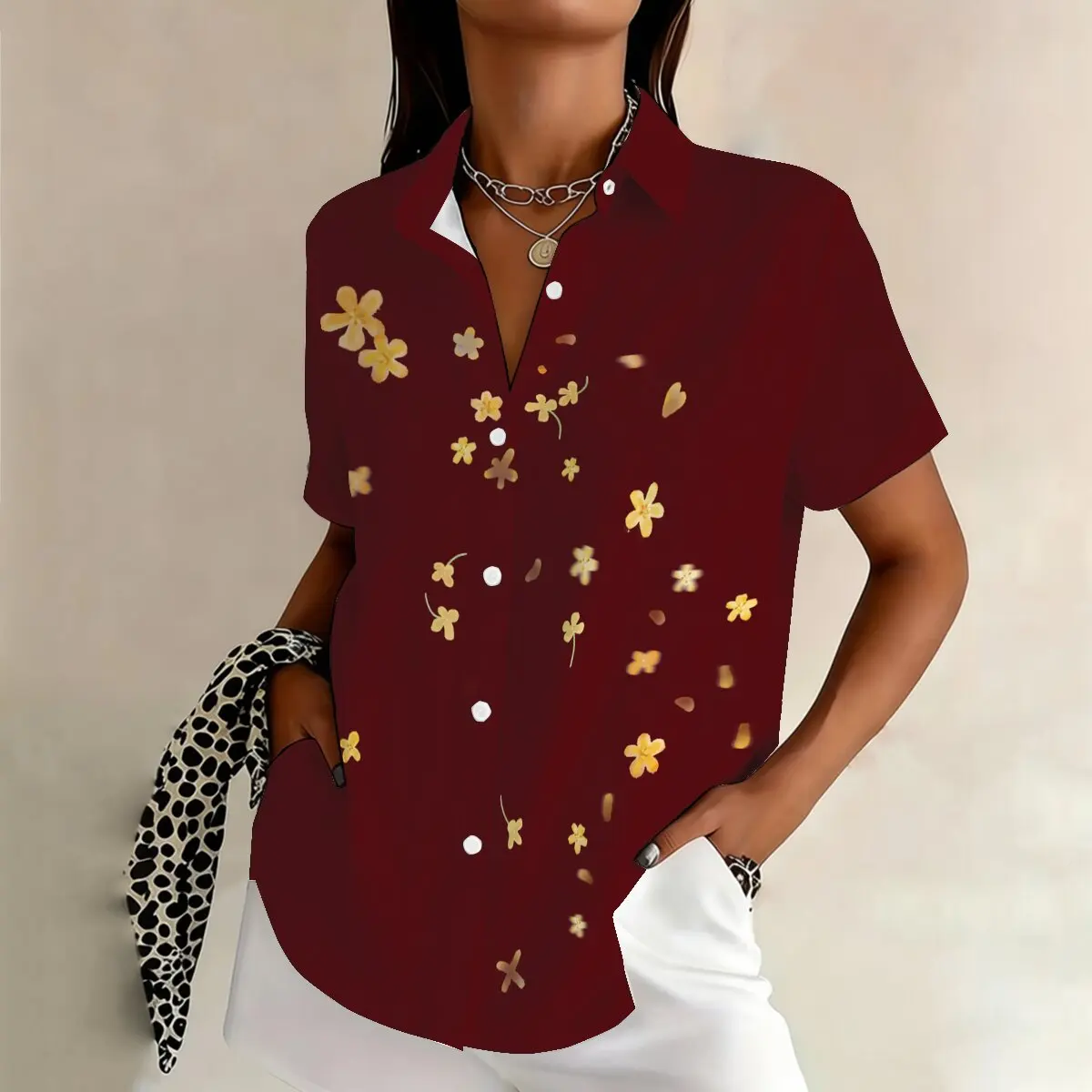 

Summer women's plus-size short-sleeve shirt, trendy petal design, suitable for commuting,business,themed events social occasions