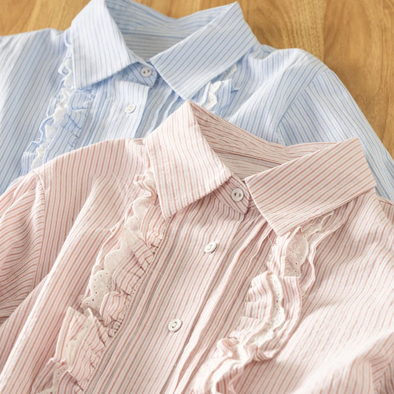 

New Arrivals Spring Autumn Sweet Ruffles Fringed Striped Cotton Shirt Women Clothing Long Sleeved Female Blouse Tops U028