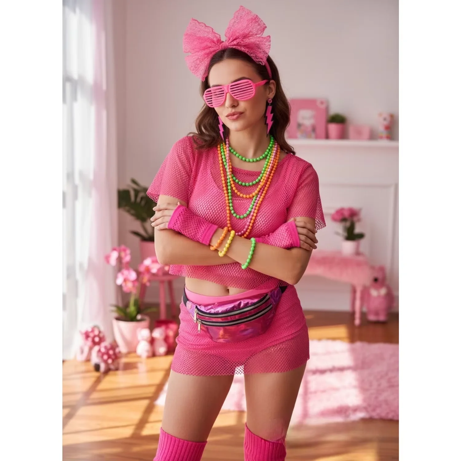 PESENAR 女性用ドレスアップアクセサリー 80年代風ドレスアップイヤリング ウエストバッグ 半袖ヘアフープ 膝パッドなど9点セット