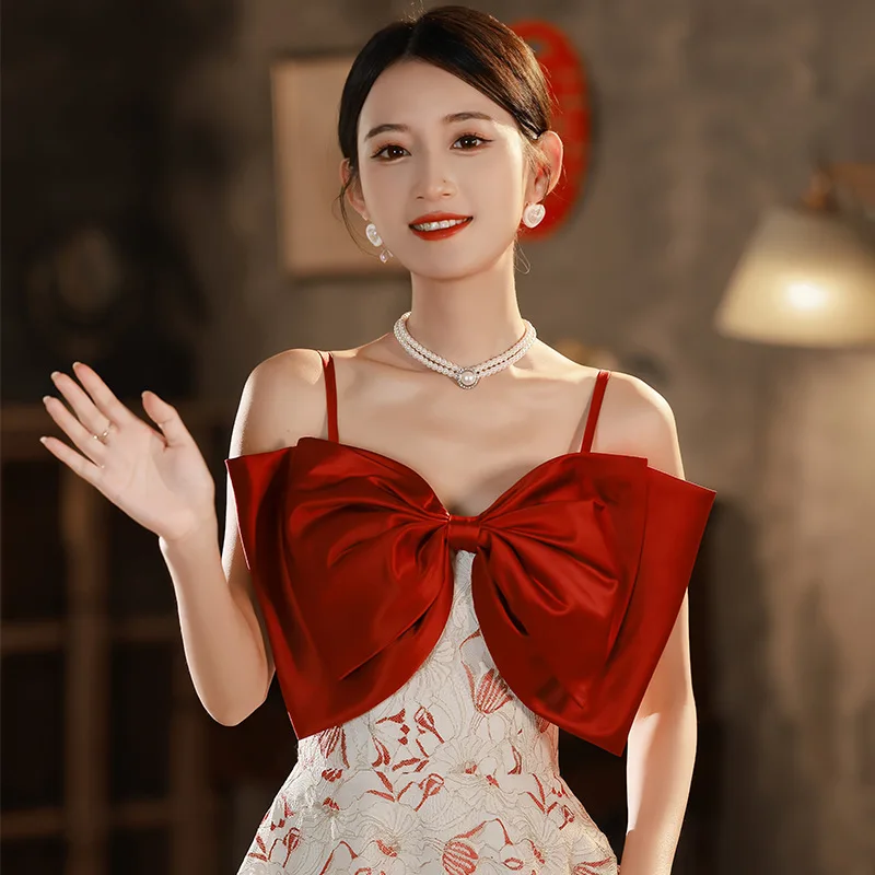 

Red Wedding Dr with Large Bow Tie Strap Dres for Engagement And Celebration Faionable mid Waist a Line Skirt