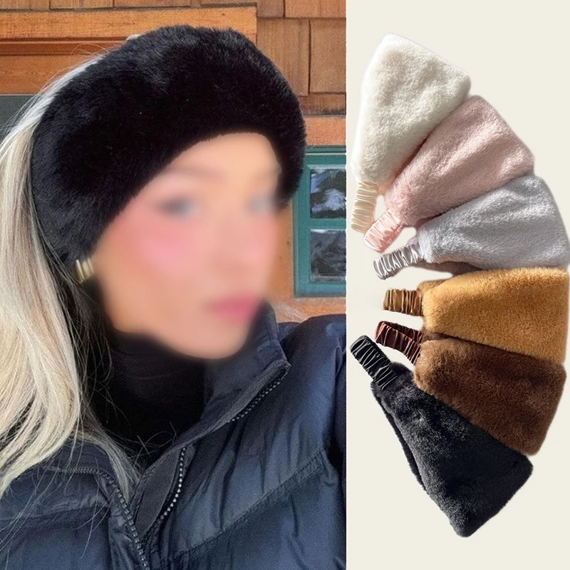 

Winter Wide Design Fluffy Headband Solid Imitation Fur Hair Band Soft Elastic Turban Hat Warm Ear Protection Hair Accessories