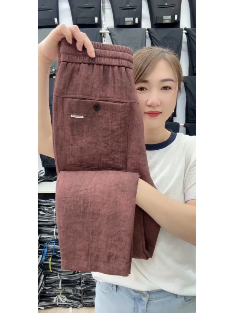 

Summer Thin Men's Cotton Linen Casual Pants Elastic Waisand Loose Straight Leg Pure Color Trendy Brand Angle Pants