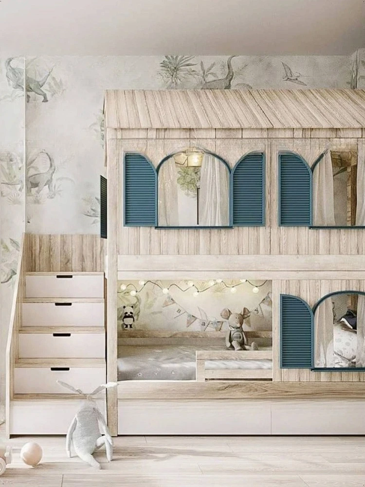 Cameretta per bambini Letto per casa sull'albero con finestra, letto a castello in legno massello b ed