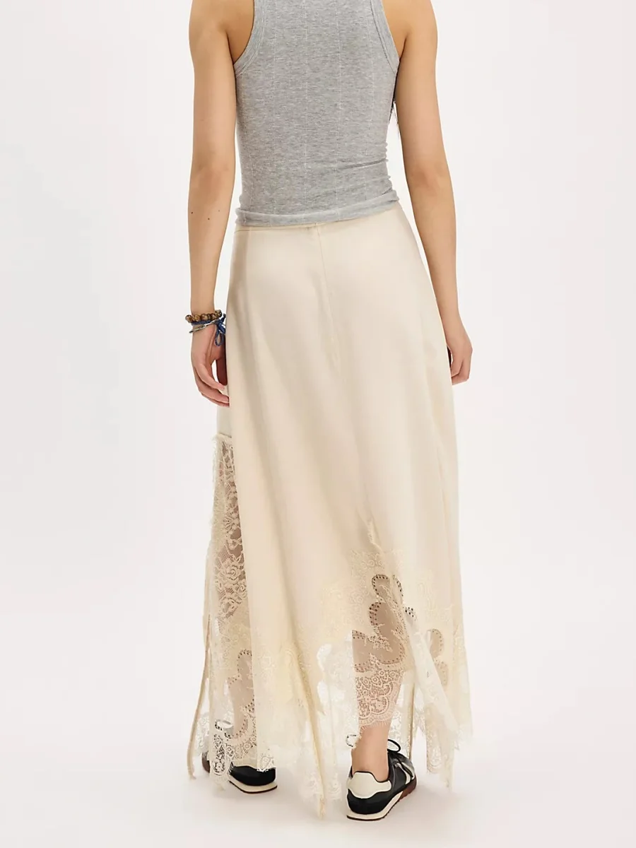 Jupe longue en dentelle irrégulière pour femmes, coupe ample, élégante, couleur unie, ourlet fleuri, fente, taille basse, été