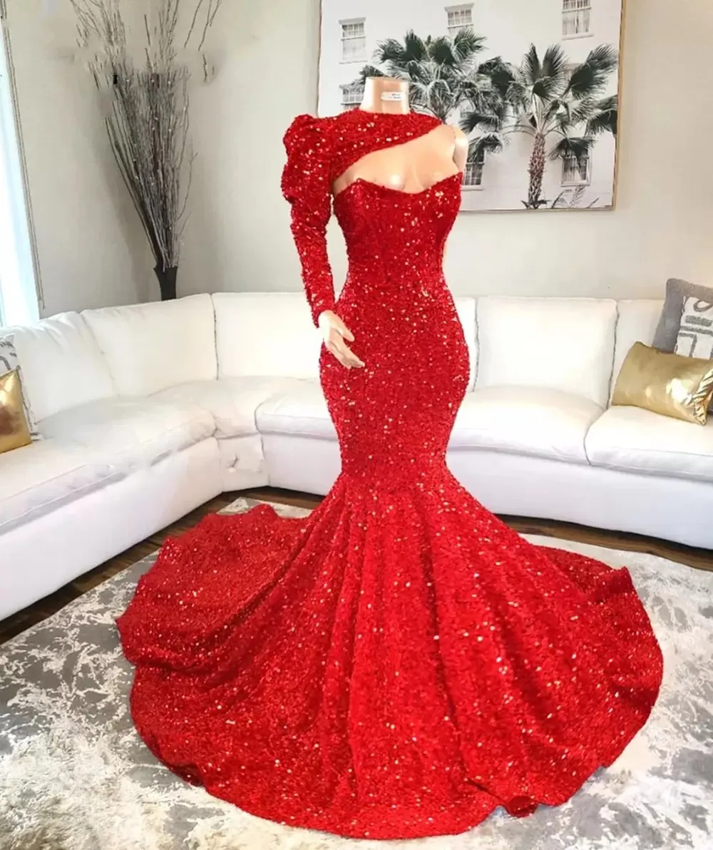 

Glitter Sequin Red Mermaid Long Prom Dresses 2023 African Girl Designed High Neck With Single Sleeve New Party Evening Gowns