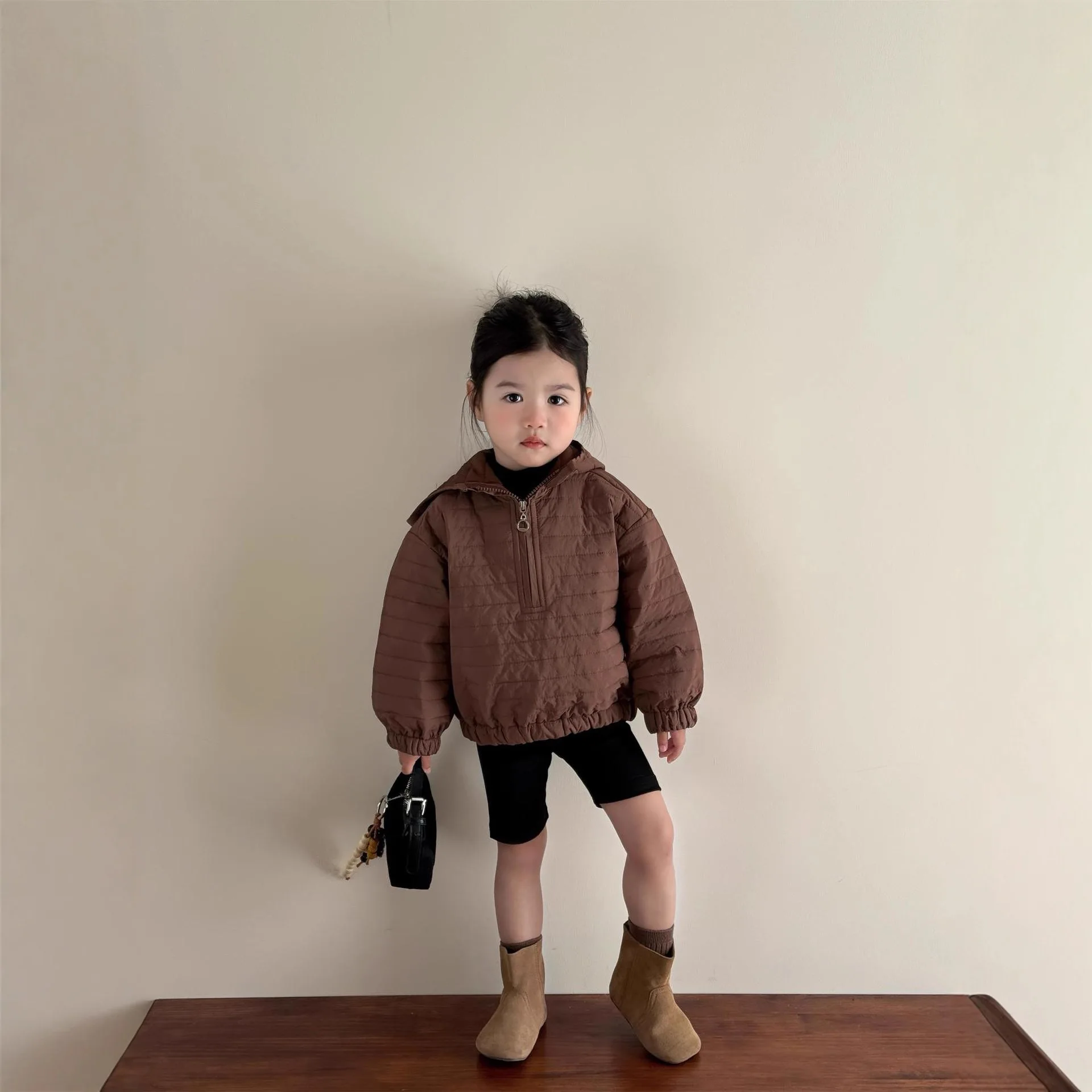 2025 Winter Style Girls' Korean New Style Fashion and Thin Half Zipper Quilted Cotton Jacket Hooded Kids Coat