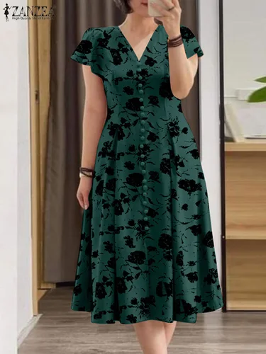 Imagen 2 del producto ZANZEA-vestido Midi con manga con volantes para mujer, traje informal con estampado Floral, corte en A, cuello en V y cintura para fiesta de verano