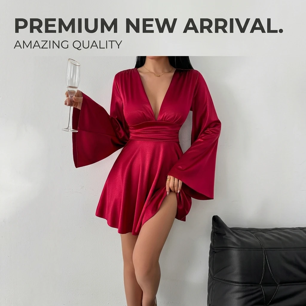 Satin V Neck Party Dress for Women Elegant Flare Long Sleeve Mini Dress Silky Solid Color Cocktail Dress