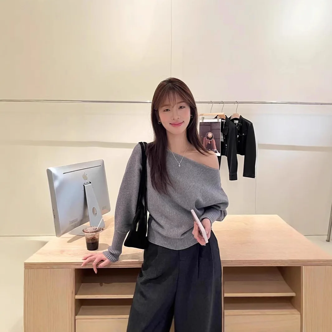 Knitted Sweater Long-sleeved New Spring and Autumn Inner Sweater Bottoming Shirt High-end and Thin One-word Shoulder Top