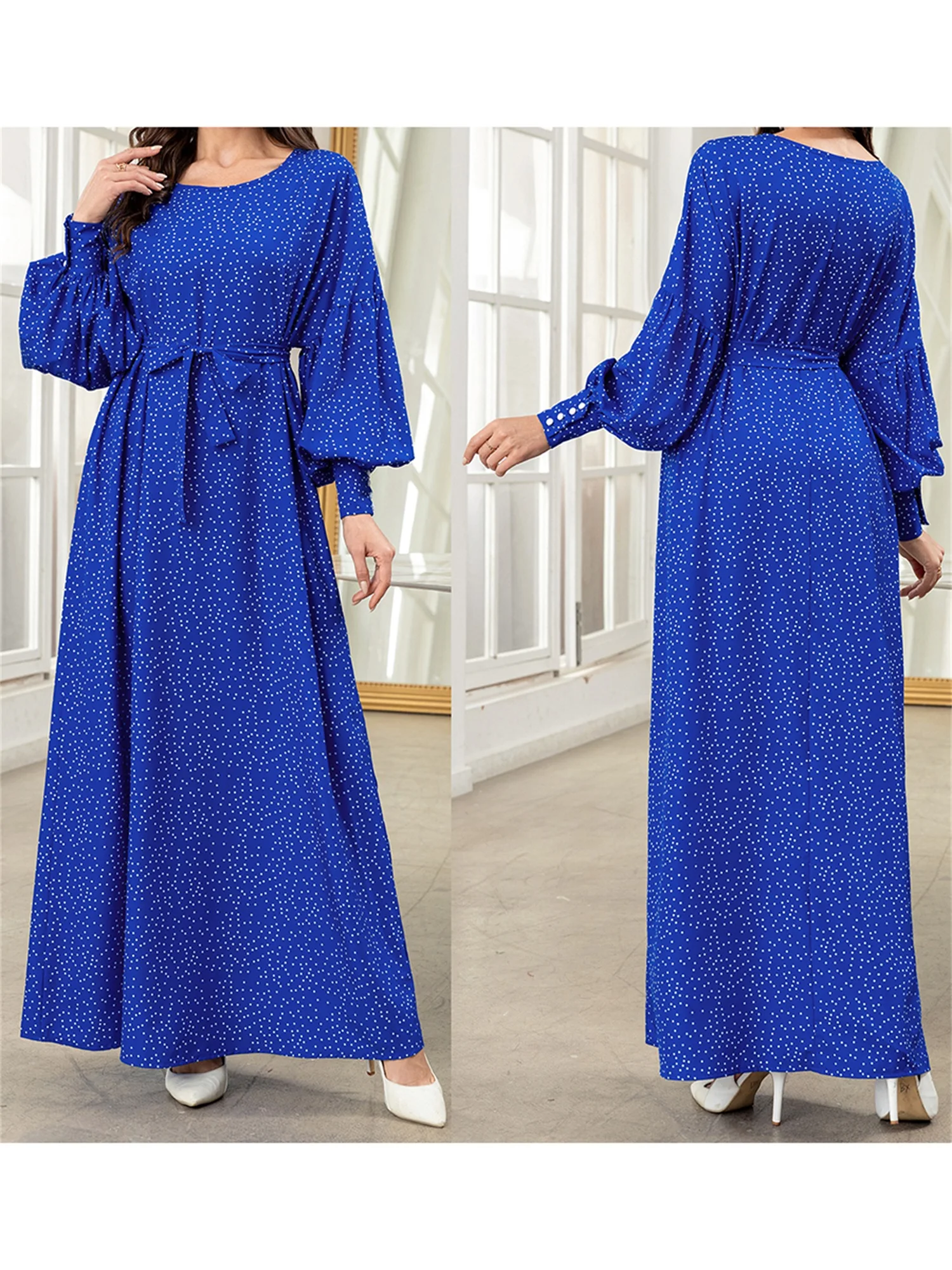 Elegant Moroccan Style Maxi Dress with Geometric Pattern Flowy Bell Sleeves and Flattering V-Neckline for Women