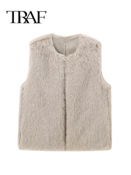 TRAF Casual Chic Women Faux Fur Vest Solid O-Neck Sleeveless Loose WaistCoats Fashion 2024 Autumn Winter Coats