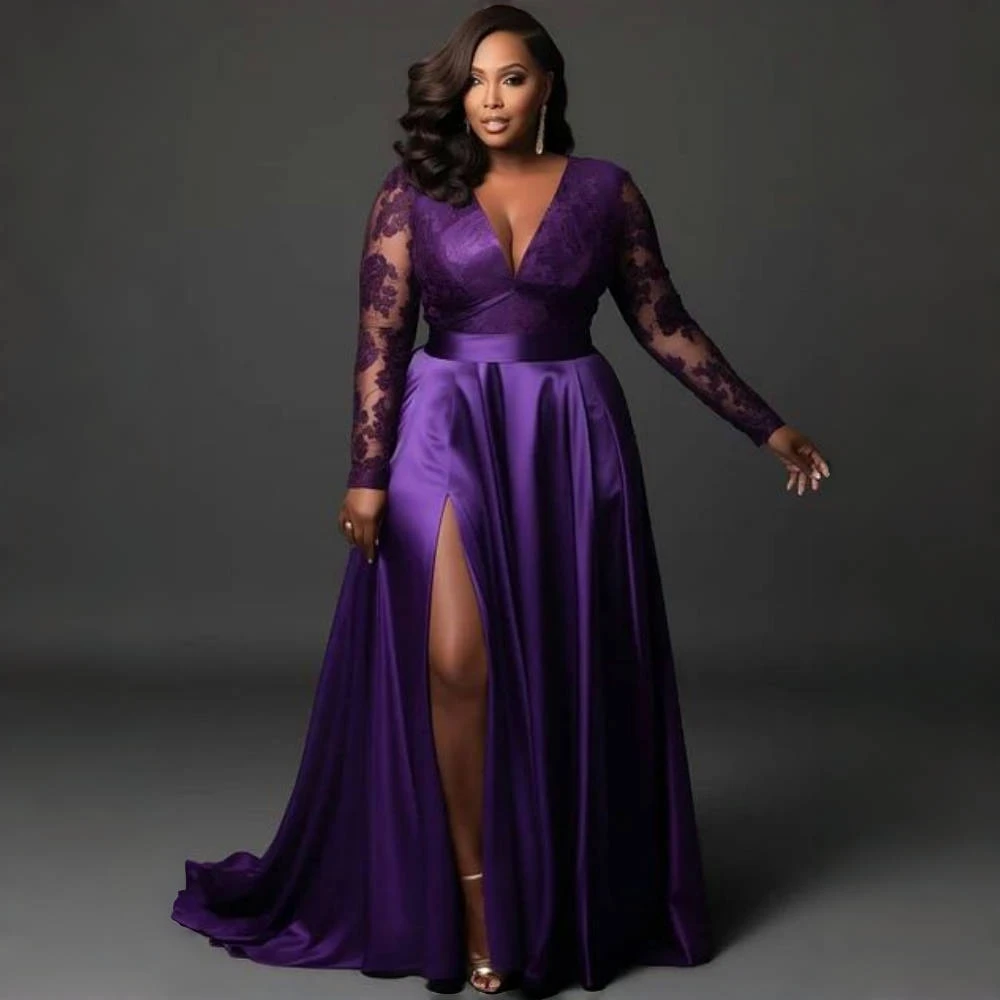 فستان حفلة موسيقية أرجواني بسيط بفتحة جانبية ورقبة على شكل حرف v وأكمام طويلة من الساتان ثوب مسائي مزين بالدانتيل ملابس مثيرة للحفلات حسب الطلب