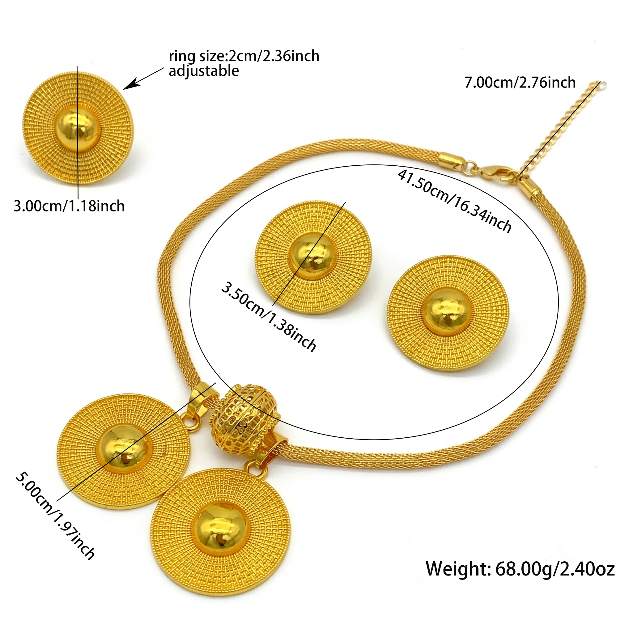Luxuriöses Äthiopisches Zweireihiges Halsketten- und Ohrring-Set für Damen, Dubai Brautschmuck, 24k Goldfarben-Set, Hochzeitsgeschenke – Detail 6