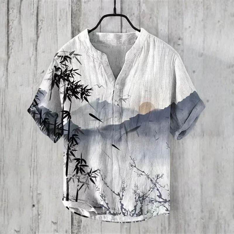 Hawaiian Men\'s Linen V-neck Shirt Men\'s T-shirt 2024 New 100% Linen Shirt HD Pattern Plus Size Crane Landscape Painting Shirt