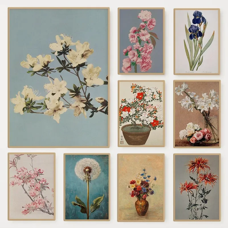 Retro Japanese Floral Illustration Poster Nature Botanical Flower Dahlia Sakura Azalea Canvas Painting Wall Art Room Home Dec