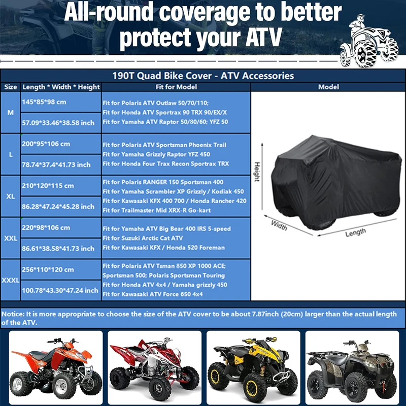 Capa impermeável da motocicleta, preta, 190T ATV Cover, capa grossa para UTV, scooter, quad bike, ao ar livre, anti-chuva, proteção contra intempéries