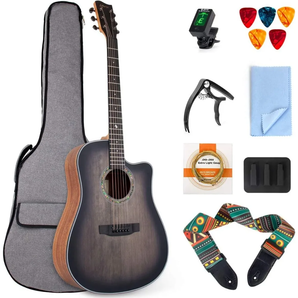 

41 Inch Acoustic Guitar Full-size Dreadnought Professional Cutaway Folk Guitarra Bundle 6 Metal Strings with Beginner Kit