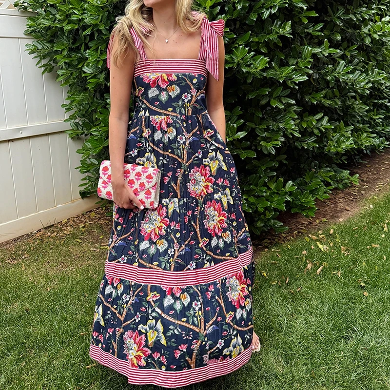 Maemukilabe feminino cottage boho maxi vestido floral gravata ombro flowy vestido longo verão praia pescoço quadrado babado em camadas vestido de verão