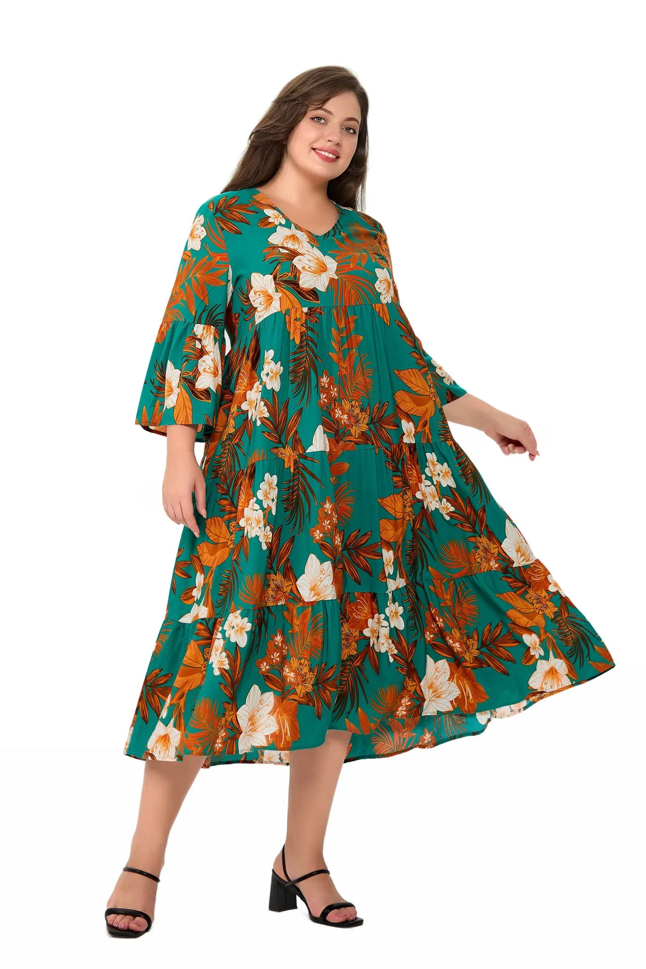 

Платье макси с цветочным принтом, большие размеры, женское платье трапециевидной формы с длинным рукавом и v-образным вырезом, средней длины, повседневное элегантное платье больших размеров