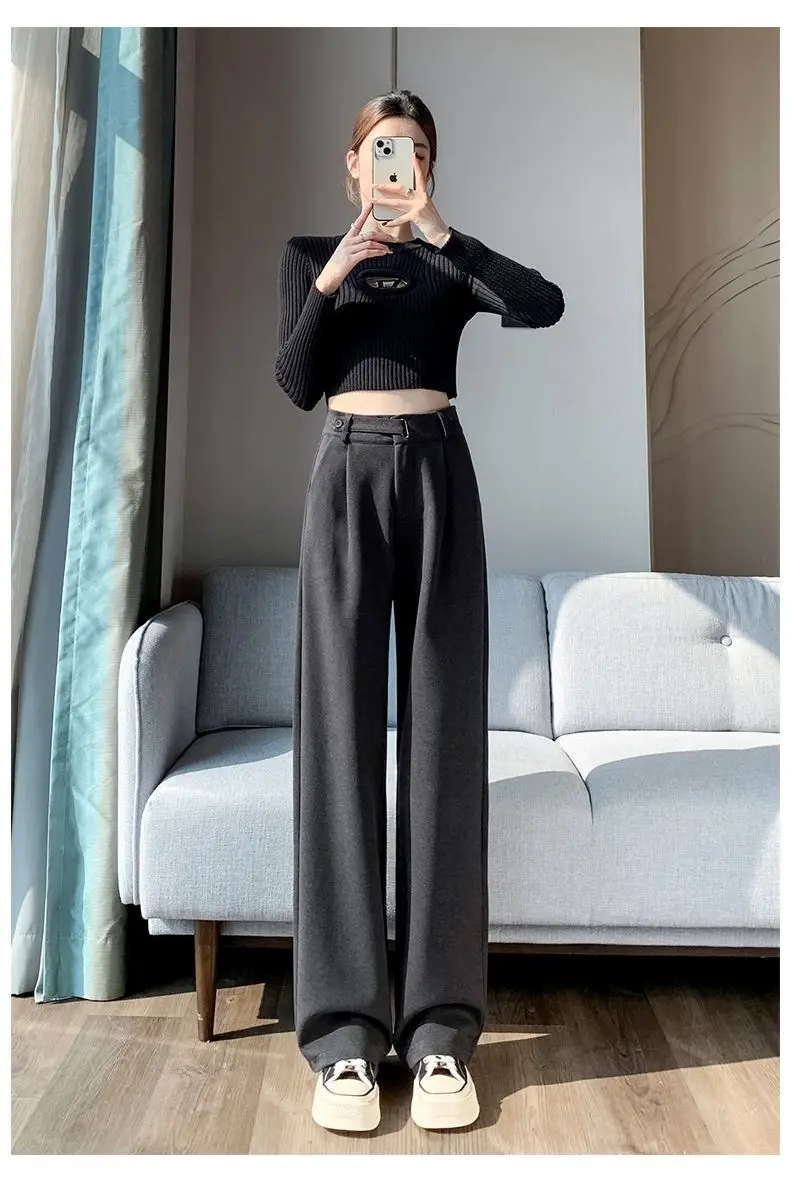 Brown Woolen High-end Suit Pants for Women in Autumn and Winter 2023 New Narrow Version Straight Wide-leg Pants with Drape