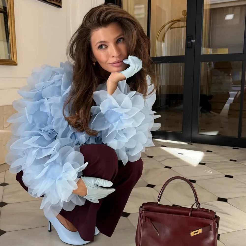 

Light Blue Floral Petal Long Sleeves Mesh Outerwear Puffy Outfit Jacket Normal Length Women Fashion Tulle Coat