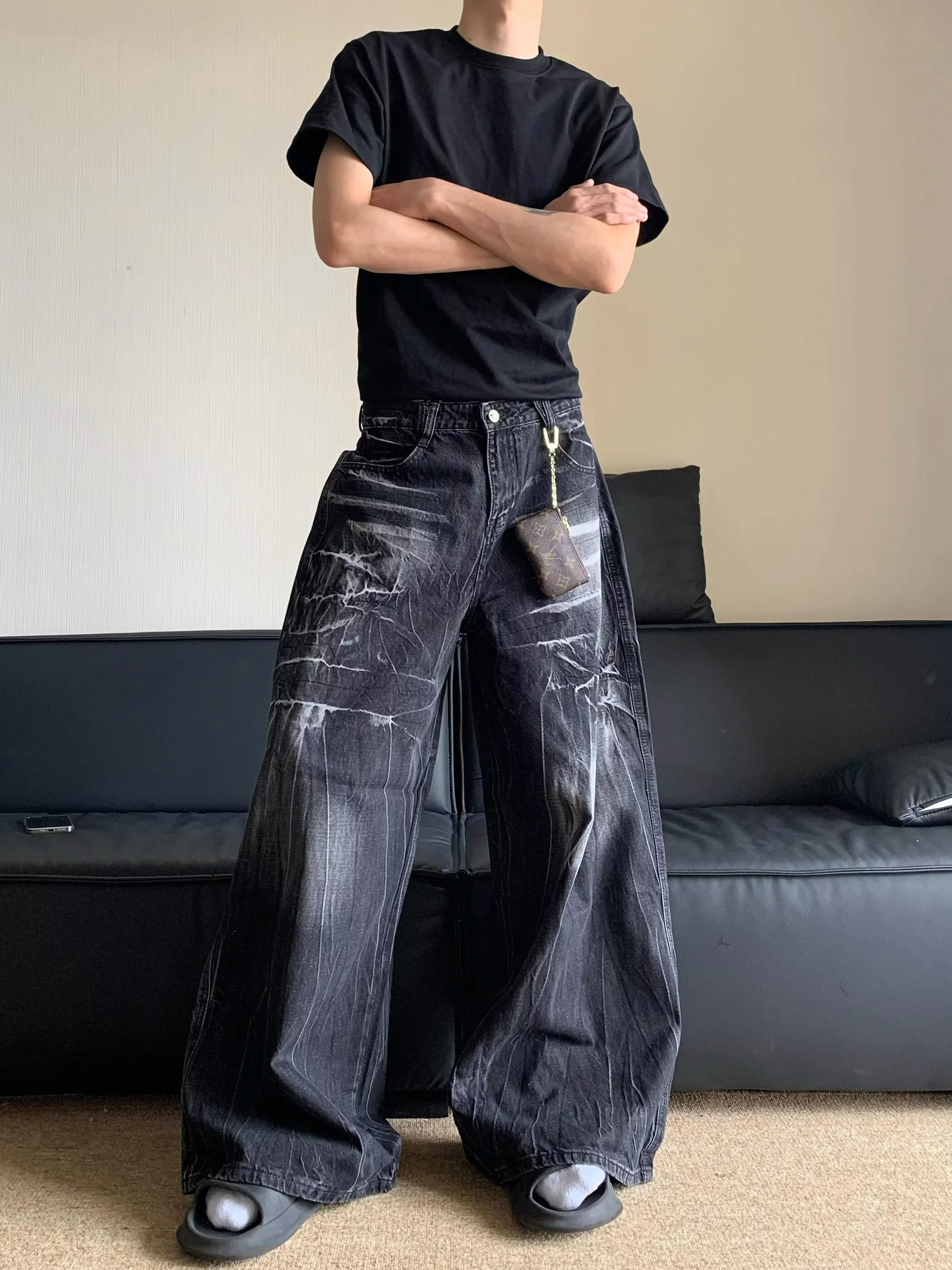

Retro American Waed Lightning Pattern Jeans Men Women Baggy Loose Straight Leg Long Pants Casual Wear Youth ular Sle