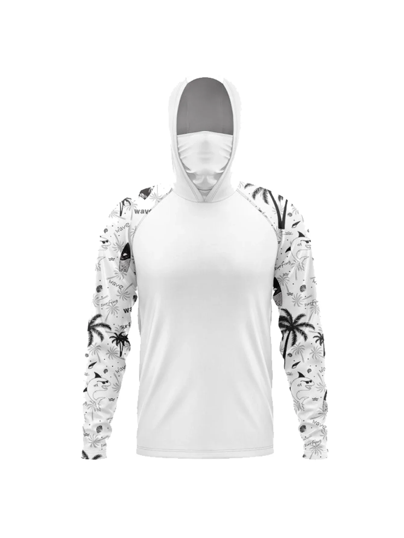 Herren Sommer UPF50+ Angel-Hoodie mit Gesichtsmaske Schwarz-Weiß Bürstenmuster Schnelltrocknend Atmungsaktiv Langarm Angelhemd – Detail 6