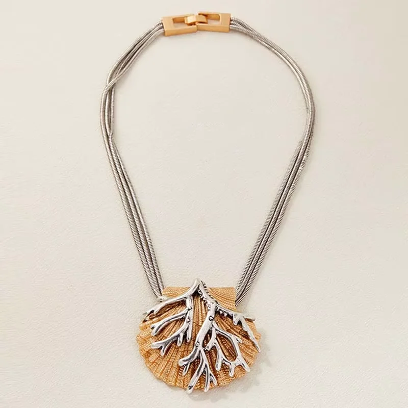 

Earrings, Two tone Shell Coral Pendant Necklace, Bohemian Style Beach Jewelry