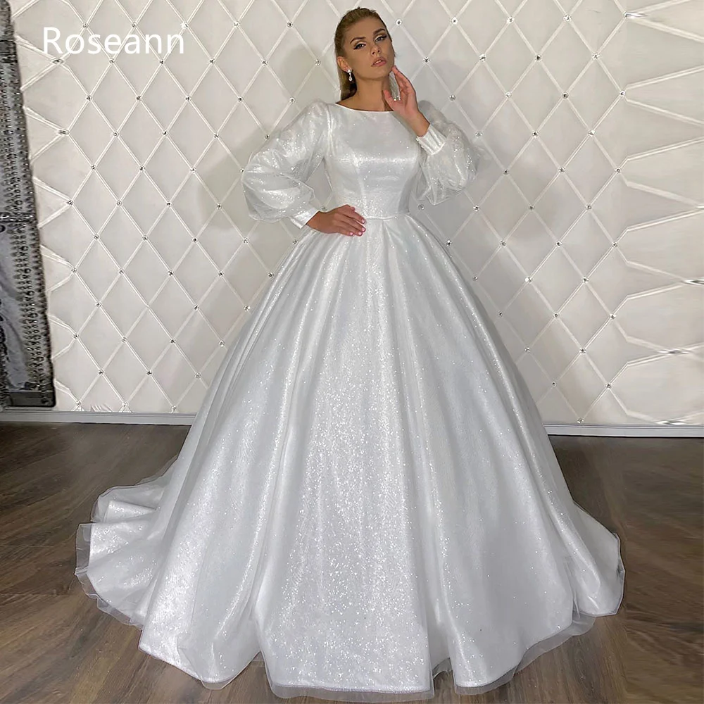 

Muslim Ivory A-line Wedding Dresses 2023 New Draped Pleat Paillette Satin O-Neck Full Bride Dresses Floor Length robe de mariée