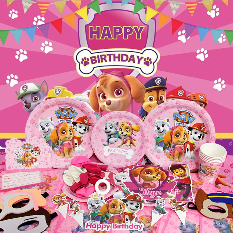 Skye PAW Patrol Geburtstagsparty-Dekoration Rosa Mädchen-Thema Cartoon Kinder-Event-Zubehör Hintergrund-Banner Geburtstagsgeschenk Tasse Teller – Detail 2